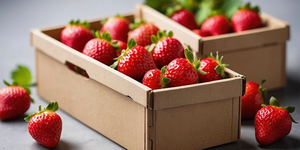 Morangos frescos em caixas de papelão
